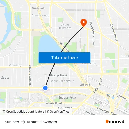 Subiaco to Mount Hawthorn map