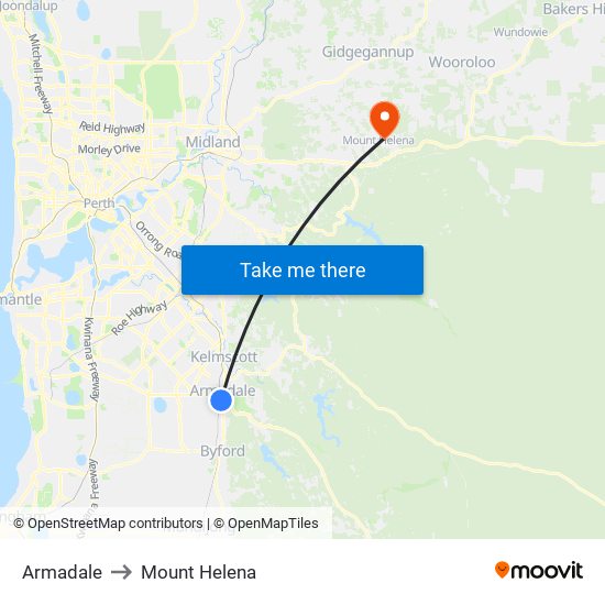 Armadale to Mount Helena map