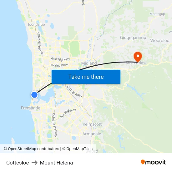 Cottesloe to Mount Helena map