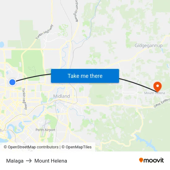 Malaga to Mount Helena map