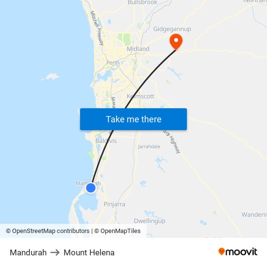 Mandurah to Mount Helena map