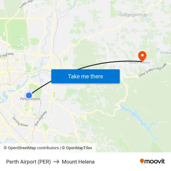 Perth Airport (PER) to Mount Helena map
