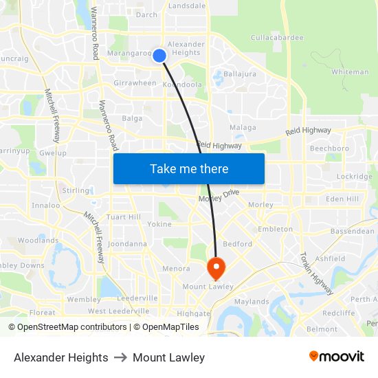 Alexander Heights to Mount Lawley map