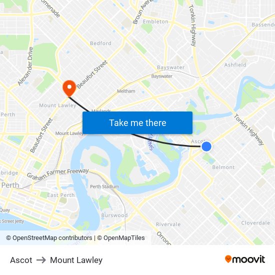 Ascot to Mount Lawley map