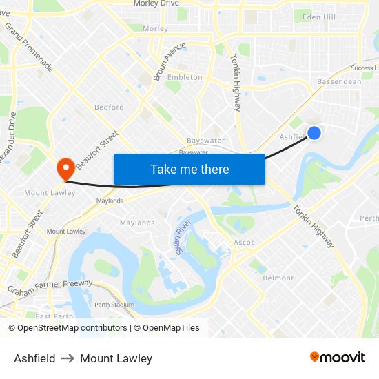 Ashfield to Mount Lawley map