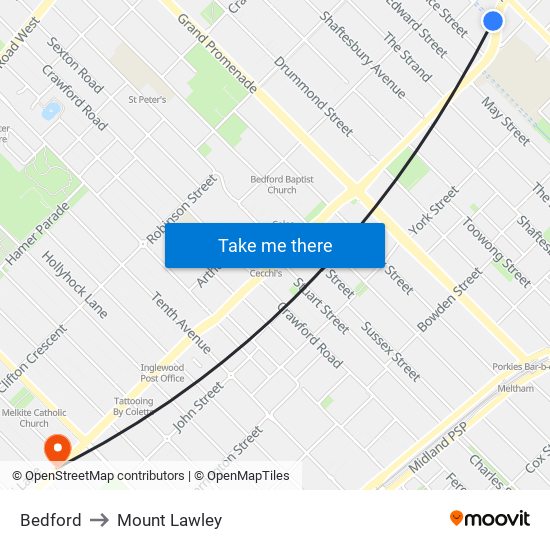 Bedford to Mount Lawley map