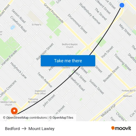Bedford to Mount Lawley map