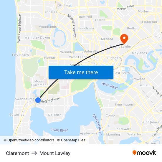Claremont to Mount Lawley map