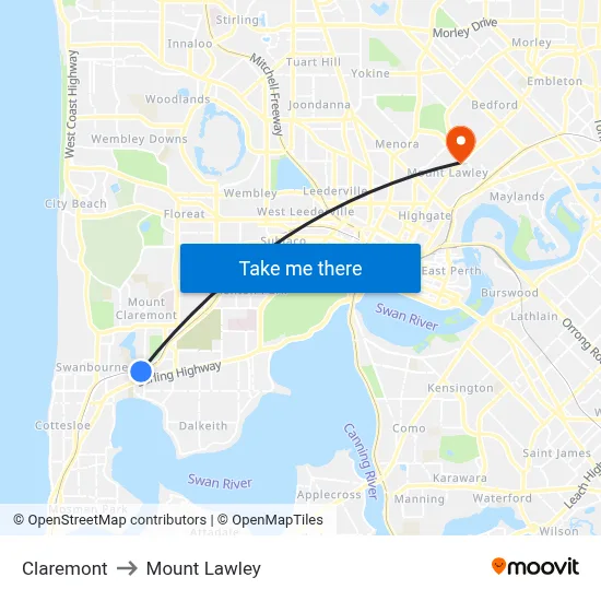 Claremont to Mount Lawley map