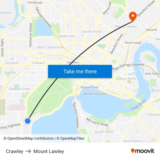 Crawley to Mount Lawley map