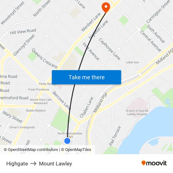 Highgate to Mount Lawley map