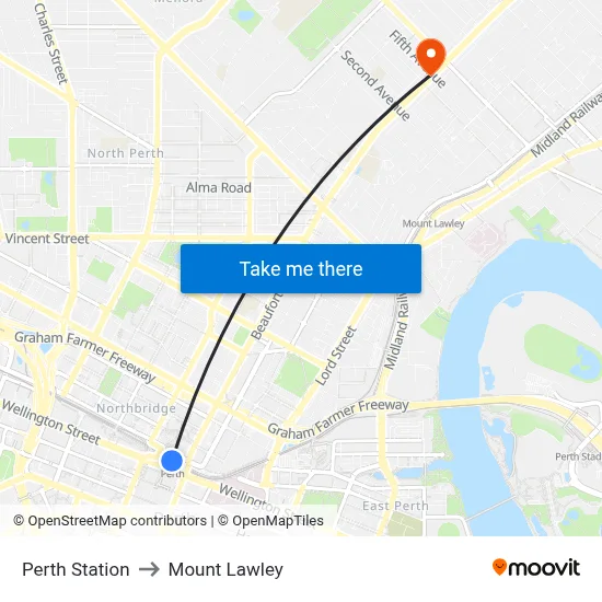 Perth Station to Mount Lawley map