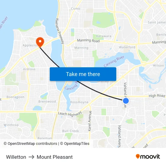 Willetton to Mount Pleasant map