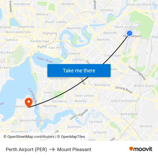Perth Airport (PER) to Mount Pleasant map