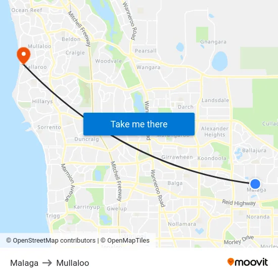 Malaga to Mullaloo map