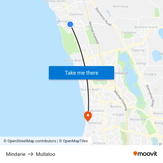 Mindarie to Mullaloo map