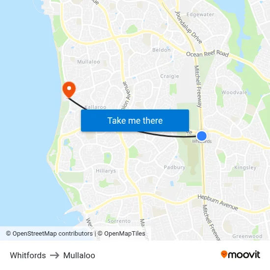 Whitfords to Mullaloo map