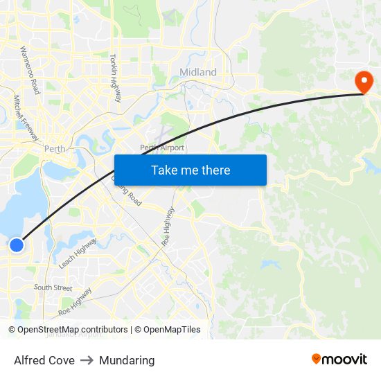 Alfred Cove to Mundaring map