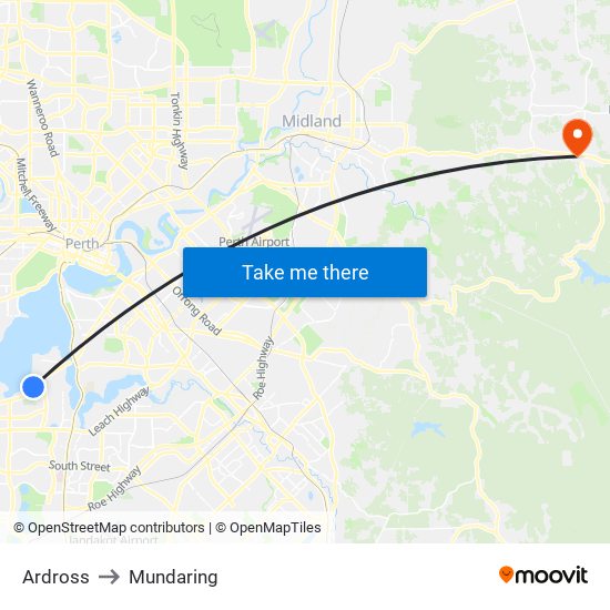 Ardross to Mundaring map