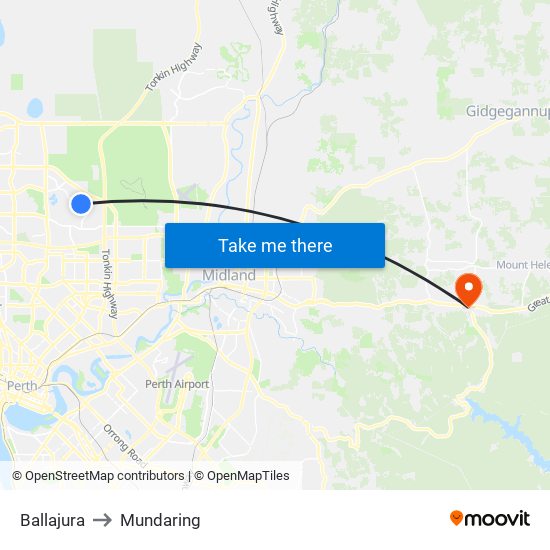 Ballajura to Mundaring map