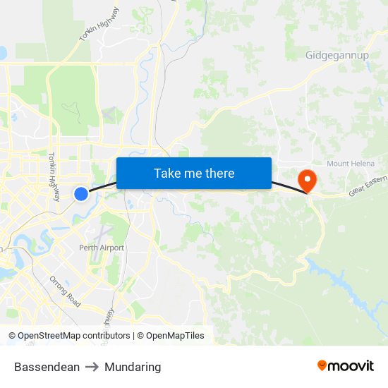 Bassendean to Mundaring map