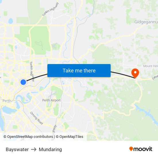 Bayswater to Mundaring map