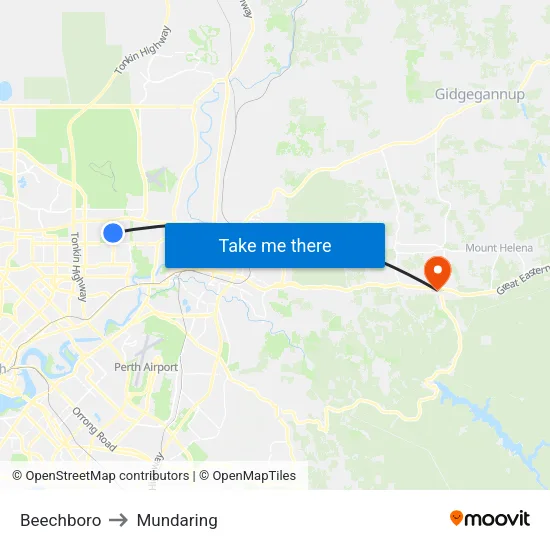 Beechboro to Mundaring map
