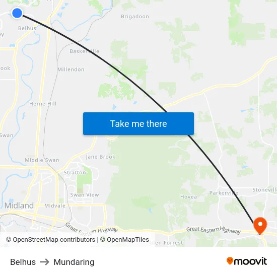 Belhus to Mundaring map