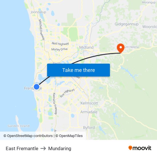 East Fremantle to Mundaring map