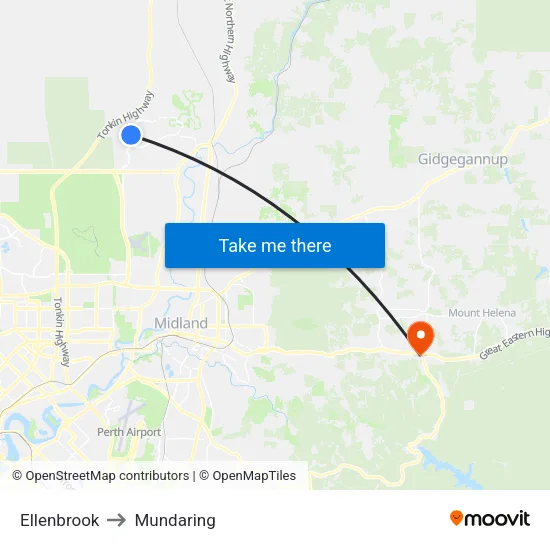 Ellenbrook to Mundaring map