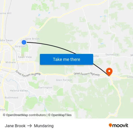 Jane Brook to Mundaring map