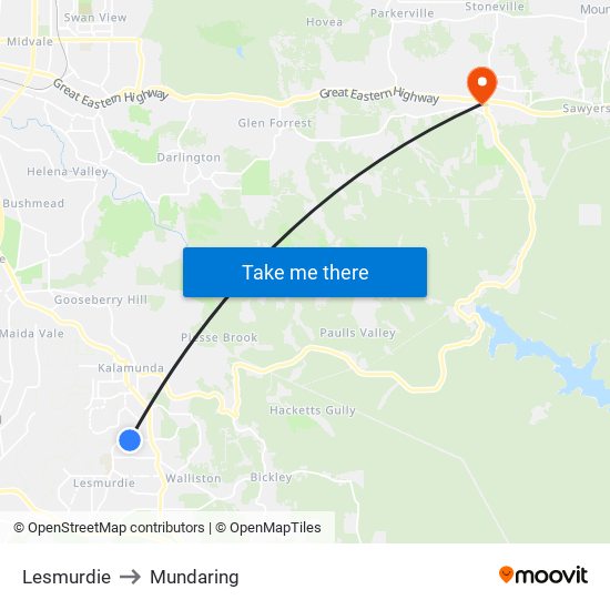 Lesmurdie to Mundaring map