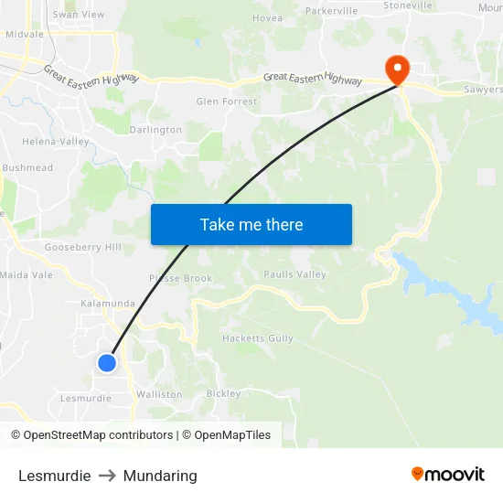 Lesmurdie to Mundaring map