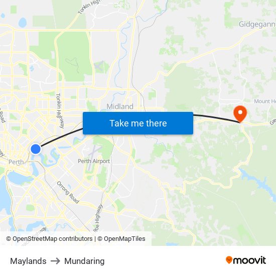 Maylands to Mundaring map