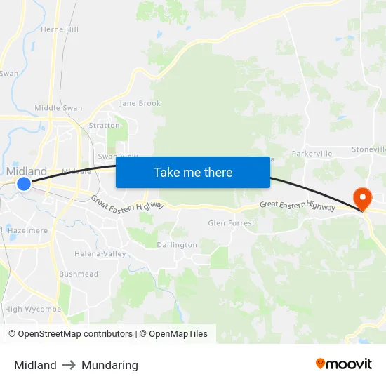 Midland to Mundaring map