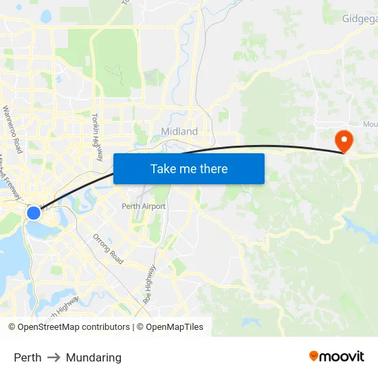 Perth to Mundaring map