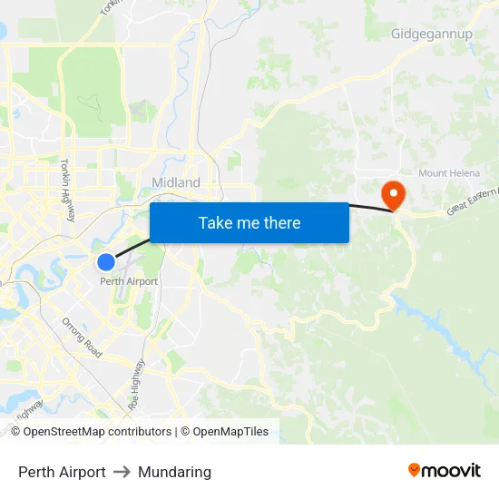 Perth Airport to Mundaring map