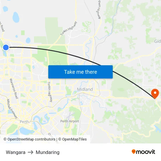 Wangara to Mundaring map