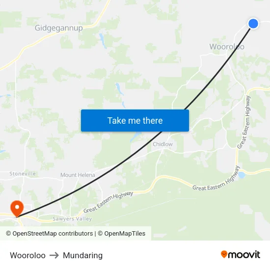Wooroloo to Mundaring map