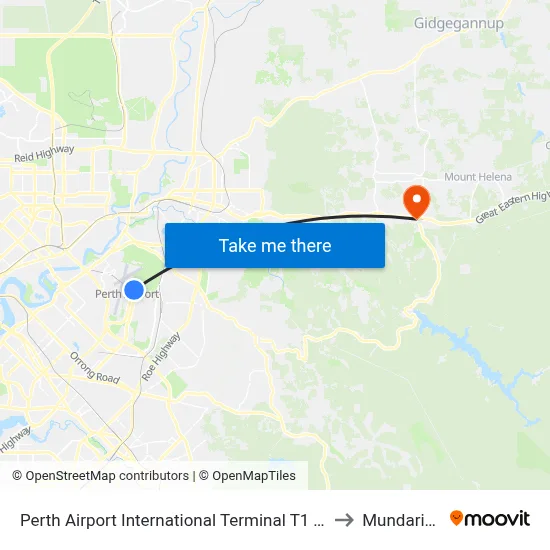 Perth Airport International Terminal T1 T2 to Mundaring map