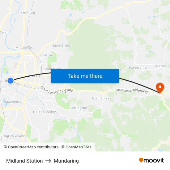Midland Station to Mundaring map