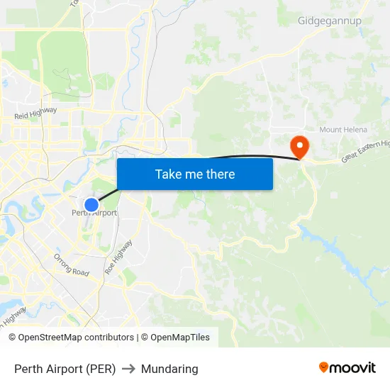 Perth Airport (PER) to Mundaring map