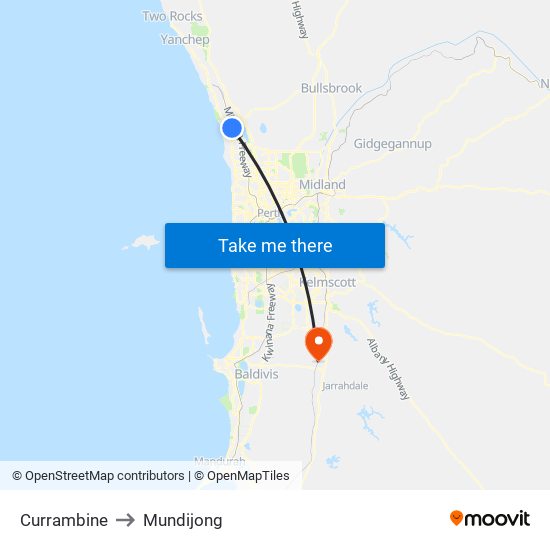 Currambine to Mundijong map