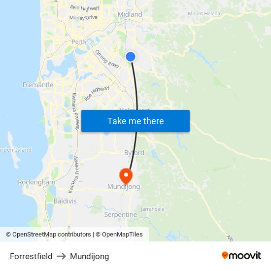 Forrestfield to Mundijong map