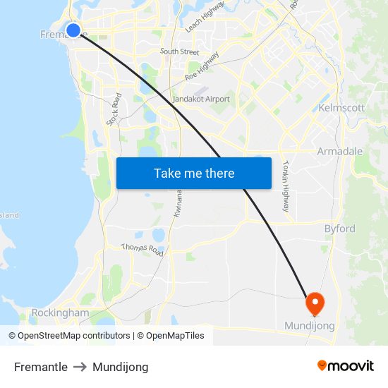 Fremantle to Mundijong map