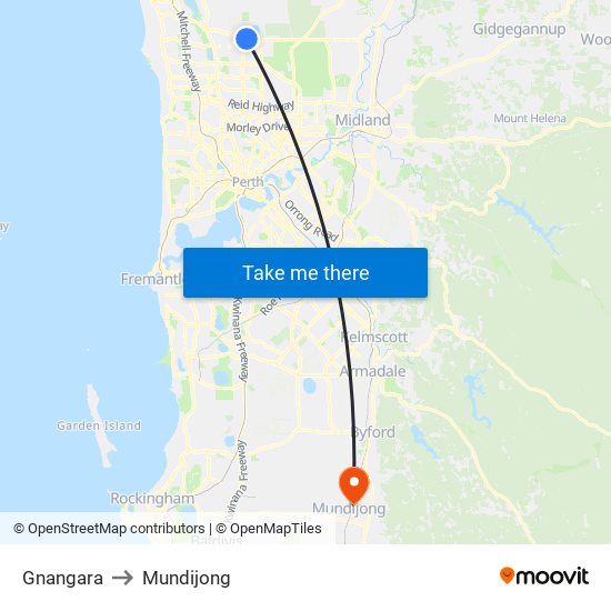 Gnangara to Mundijong map