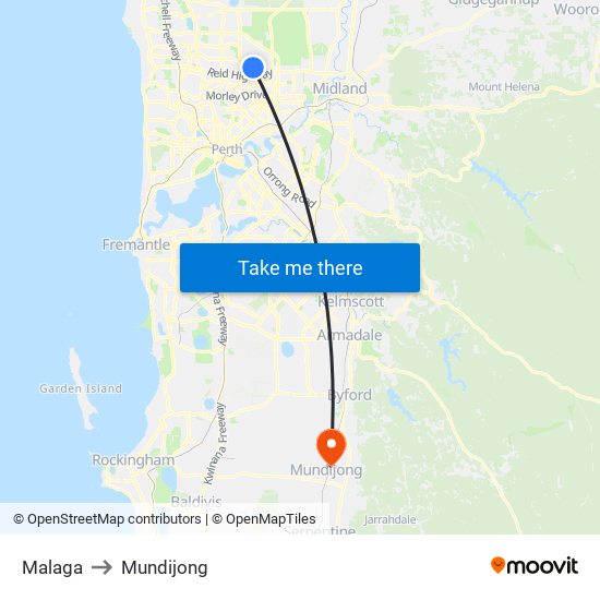 Malaga to Mundijong map