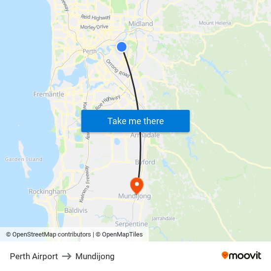 Perth Airport to Mundijong map