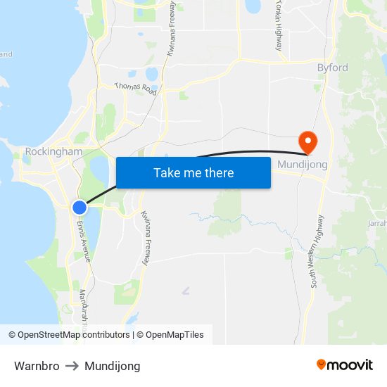 Warnbro to Mundijong map