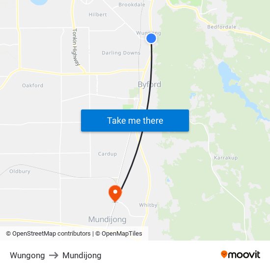 Wungong to Mundijong map